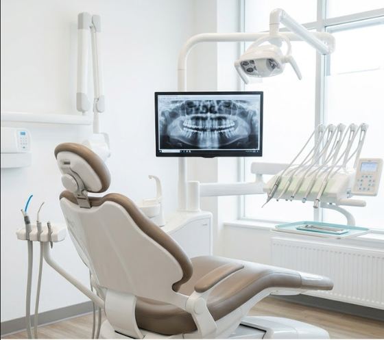 Modern dental treatment room with chair and equipment